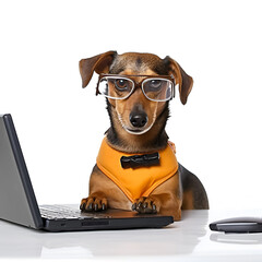 Dog in glasses with laptop. IT specialist. Illustration. Ai generation.