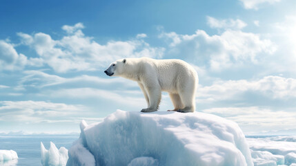 Solitary polar bear on a diminishing ice cap, sky in the background. Representing the dire consequences of rising temperatures and melting Arctic ice. Arctic landscape. Banner. Copy space