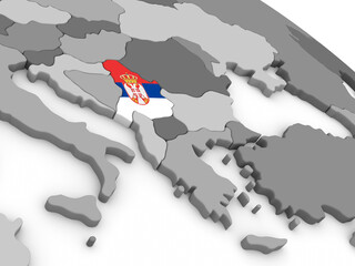 Map of Serbia with embedded national flag. 3D illustration