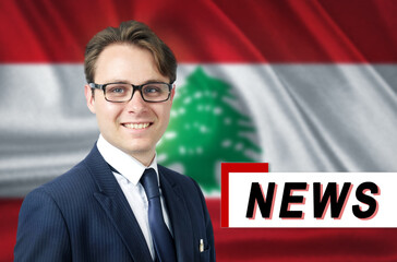 News anchor, tells the latest news, smiling, against the background of the flag of Lebanon