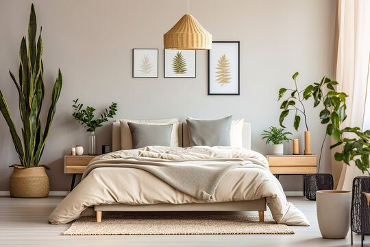 Bed with beige bedding in room with many green houseplant. Scand