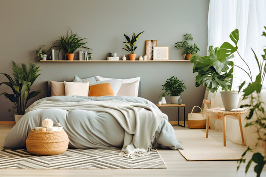 Wooden shelf with potted houseplants above bed with light jade green bedding. Scandinavian interior design of modern bedroom. Created with generative AI