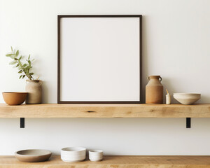 Empty mock up black poster frame on wooden shelf. Interior design of modern living room with white wall and home decor pieces. Created with generative AI