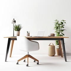 Modern home office with wooden desk and office chair against of white wall. Scandinavian interior design of modern living room with comfortable workplace. Created with generative AI