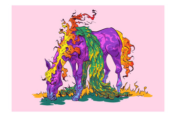 Colorful fantasy horse. Hand drawn sketch art design. Vector illustration 