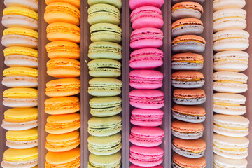 Colorful sweet cookies on the cafe showcase.