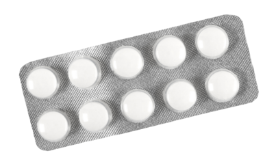 Tablets in strip isolated on white, top view