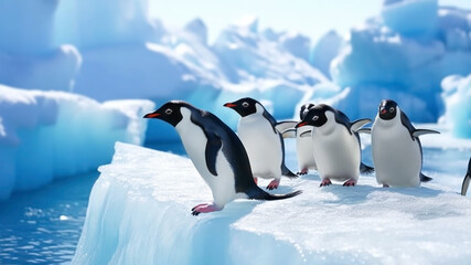 A group of penguins in search of food. Habitat reduction. Concept of climate change, lack of ice, and global warming. Antarctic landscape. Banner - obrazy, fototapety, plakaty