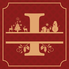 Letter I, I Christmas Monogram, Letter I Silhouette with Christmas symbols, Christmas logo, Christmas Design for Print, Screen Print T-Shirt