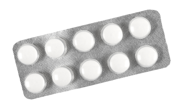 Tablets in strip isolated on white, top view