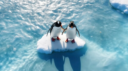 Pair of penguins float on the ice floe in the Southern Ocean in Antarctica in search of food. The effects of global warming, melting glaciers, and climate change. View from above. Copy space - obrazy, fototapety, plakaty