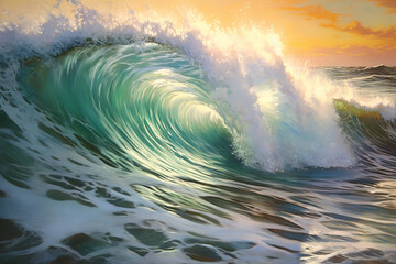 Seascape, sunset, big wave, dramatic lighting. Watercolor. Generative AI.