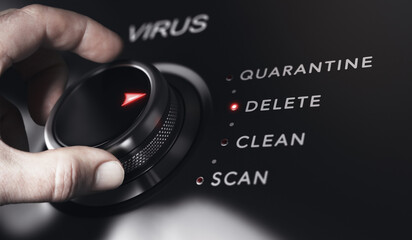 Hand turning a button with the title virus. Antivirus protection system concept, horizontal image. Composite between an image and a 3D background.