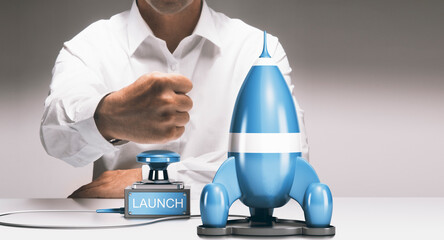Man about to launch a rocketship. Advertising concept of company startup or business boost....