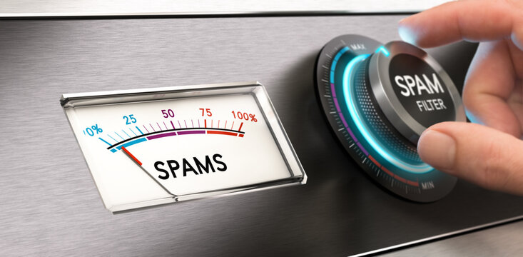 Conceptual image of an anti-spam filter, hand turning a knob to the maximum position. Composite between an image and a 3D background.