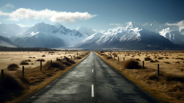 A long straight road leading towards a snow capped mountain