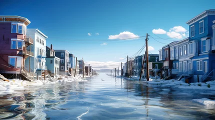 Foto op Aluminium A flooded coastal city in Alaska from floods caused by rising sea levels due to melting glaciers and ice sheets. Consequences of climate change and global warming © Garnar