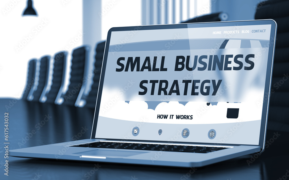 Poster modern meeting hall with laptop on foreground showing landing page with text small business strategy