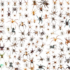 Illustration created by Artificial Intelligence of many spiders isolated on white background. Generative AI