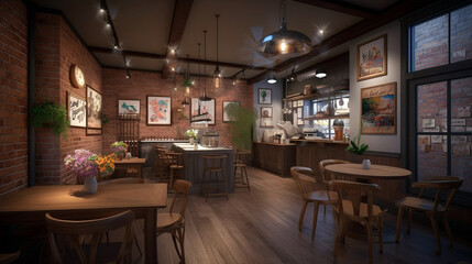 Fototapeta na wymiar Interior of cozy modern restaurant with a bar counter and lamp lighting