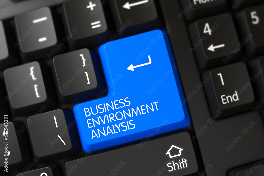 Poster business environment analysis concept: modernized keyboard with blue enter keypad background, select