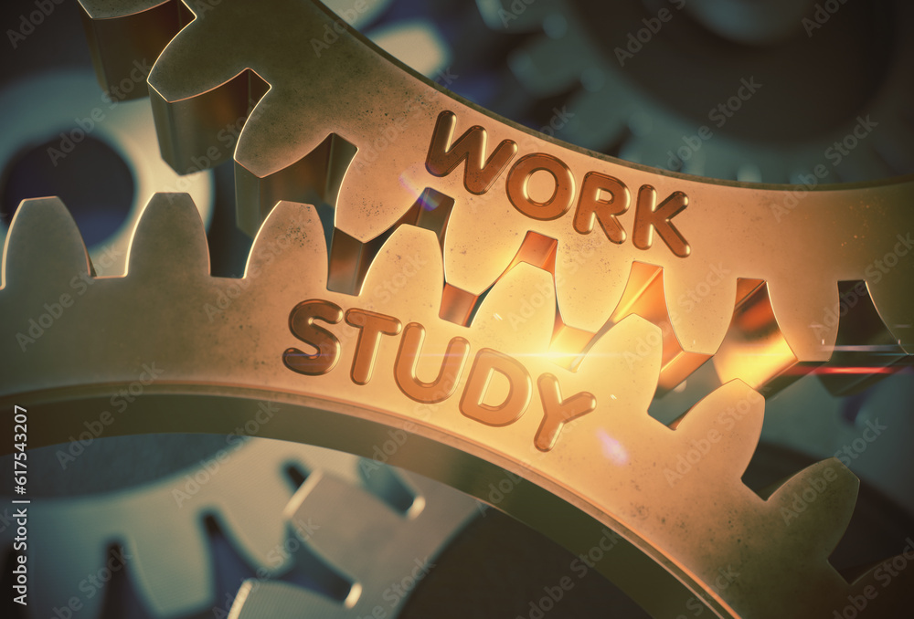 Poster work study on golden metallic cog gears. work study on the mechanism of golden cogwheels. 3d renderi