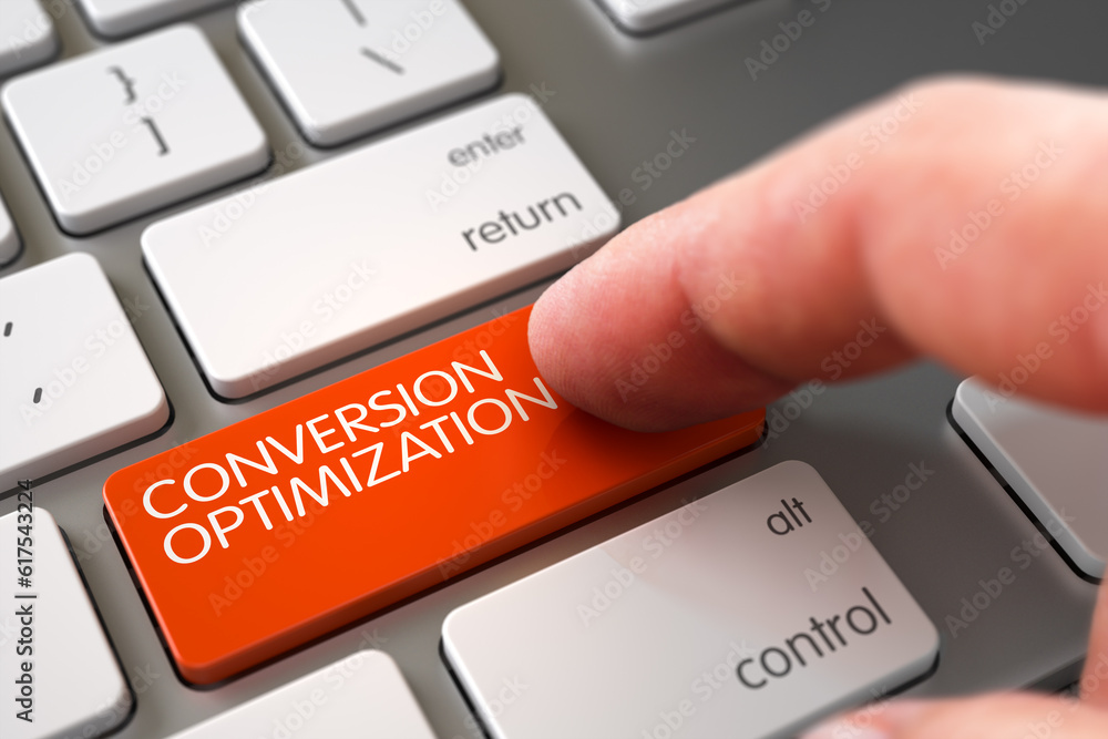 Aufkleber conversion optimization concept - laptop keyboard with orange keypad. 3d.