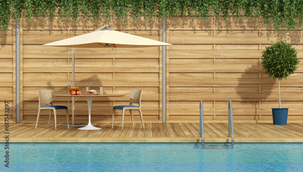 Poster round table with breakfast under a parasol by the pool - 3d rendering