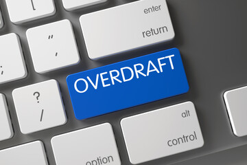 Overdraft Concept: Aluminum Keyboard with Overdraft, Selected Focus on Blue Enter Key. 3D Illustration.