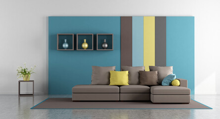 Minimalist living room with colorful wall and modern sofa - 3d rendering