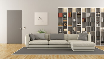 Modern living room with sofa,bookcase and closed door - 3d rendering