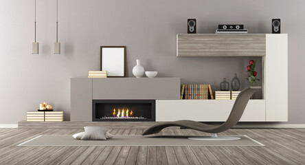 Modern Living room with fireplace and chaise lounge - 3d rendering