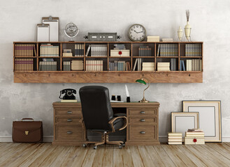 Retro home workspace with wooden desk and bookcase on wall - 3d rendering