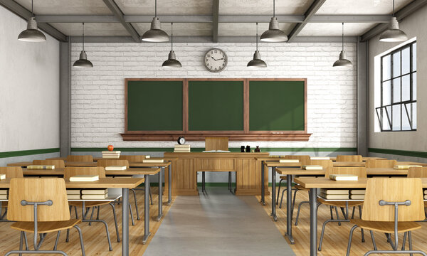 Retro classroom without student with wooden furniture - 3d rendering