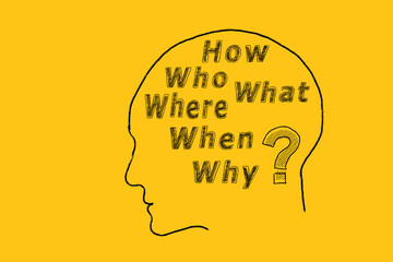 Human head with question inside. Six most common questions Who, What, Where, When, Why, How. Asking questions. Having answers. Ask us, contact us, more information, research