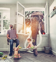 children fed the elephant through a window, while his father sleeping.  Photo combination concept