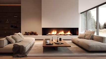 Majestic Coziness: A Minimalist Living Room with a Captivating Fireplace, AI Generative