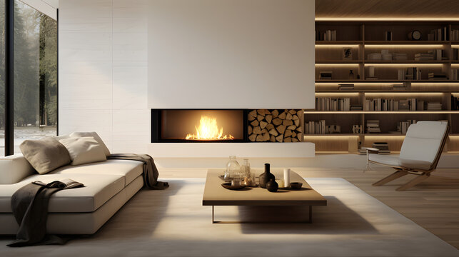 Majestic Minimalism: A Cozy Living Room with a Captivating Fireplace, AI Generative
