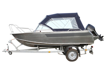 Motor boat with awning on the trailer for transportation