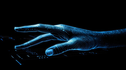 Human hand touching hologram screen with finger with glowing polygonal wireframe on dark background generative AI.