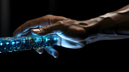 Human hand touching hologram screen with finger with glowing polygonal wireframe on dark background generative AI.