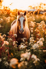 Full body shot of a horse grazing in a field full of flowers during golden hour at sunset. 