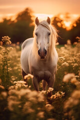  Full body shot of a horse grazing in a field full of flowers during golden hour at sunset. 