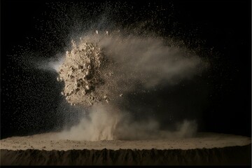 A closeup on freeze frame a slowmotion video with a take on a sand dust explosion due to a rock collision over a little ammount of piled sand with a collision angle of 45 degrees Dust trails and 