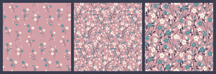Seamless floral pattern, liberty ditsy print of cute small flowers in a set. Pretty botanical design: tiny hand drawn flowers, leaves, branches, gentle meadow on lilac background. Vector illustration.