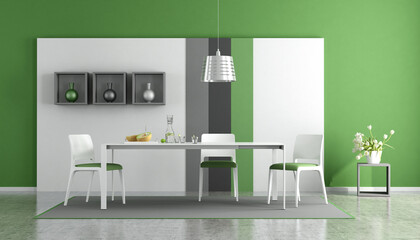 Modern dining room with green wall and white table - 3d rendering