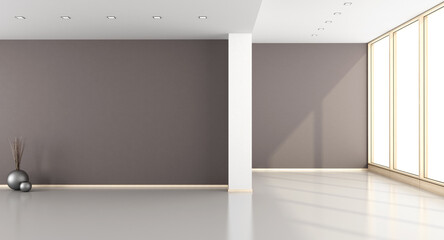 Empty brown living room with windows - 3d rendering