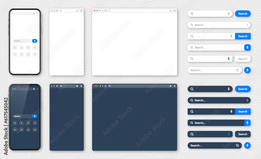Poster smartphone, blank internet browser window with various search bars. web site engine with search box,