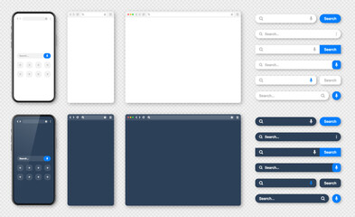 Smartphone, blank internet browser window with various search bars. Web site engine with search box, address bar and text field. UI design, website interface. Dark, light modes. Vector illustration
