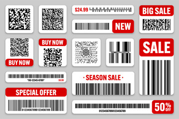 Set of product barcodes and QR codes. Special offer, sale stickers, shopping discount label or promotional badge. Serial number, product ID. Supermarket retail label, price tag. Vector illustration